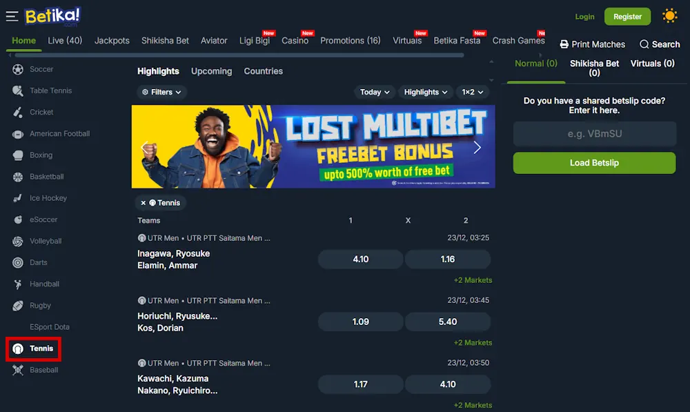 Betika Tennis Betting Screenshot